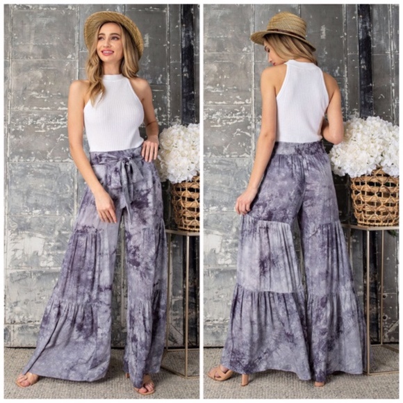 Eesome Smoky Purple Gray High Waist Tiered Flared Tie Dye Wide Leg Palazzo Pants - Picture 15 of 15